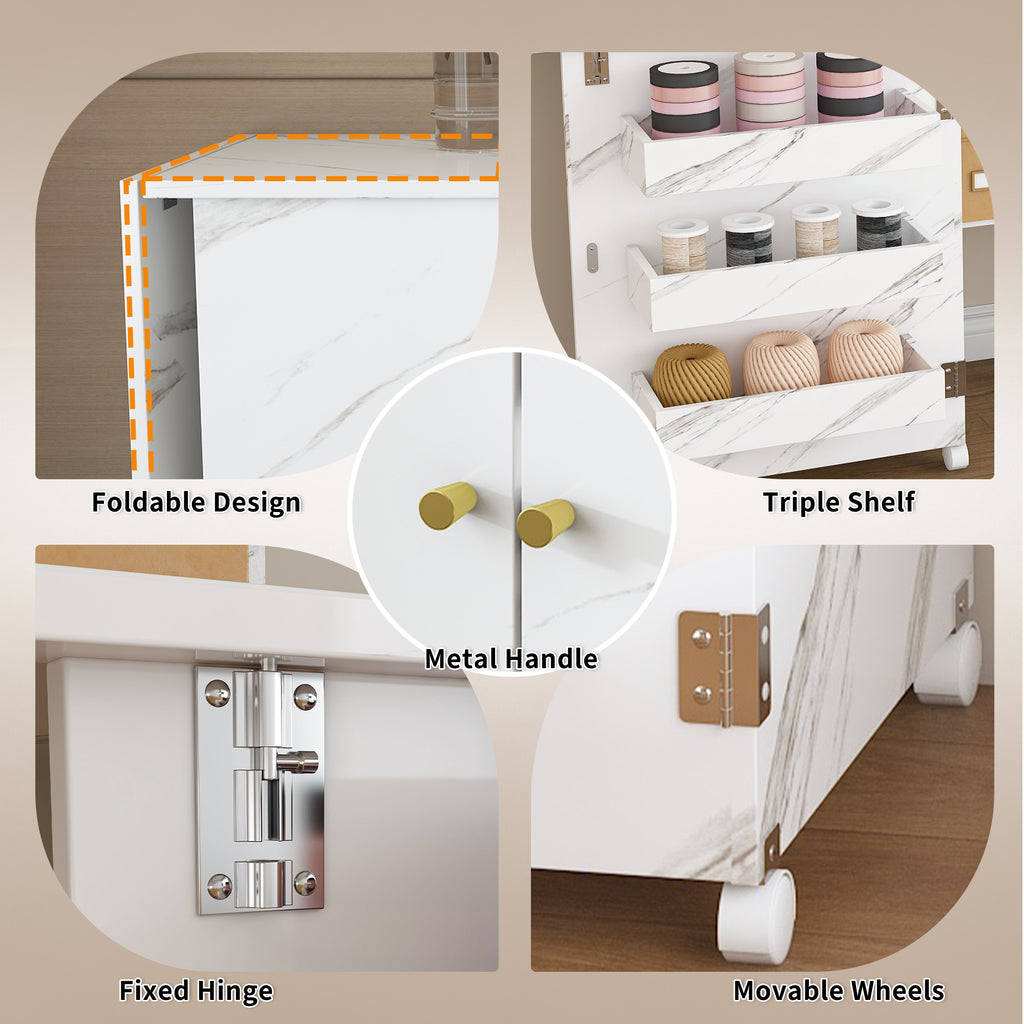 57.5' Foldable Sewing Machine Table with Locking Casters, Multi-Storage Craft Station with Shelves, Bins & Cabinet, Adjustable Sewing Cabinet for Home, Bedroom, and Craft Room(White)