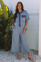 Beau Blue Half Placket Chest Pockets Short Sleeve Wide Leg Jumpsuit- Women Beau Blue 65%Cotton+33%Polyester+2%Elastane