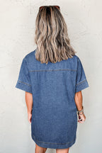 Blue Short Sleeve Collared Patched Pocket Denim Mini Dress- Women