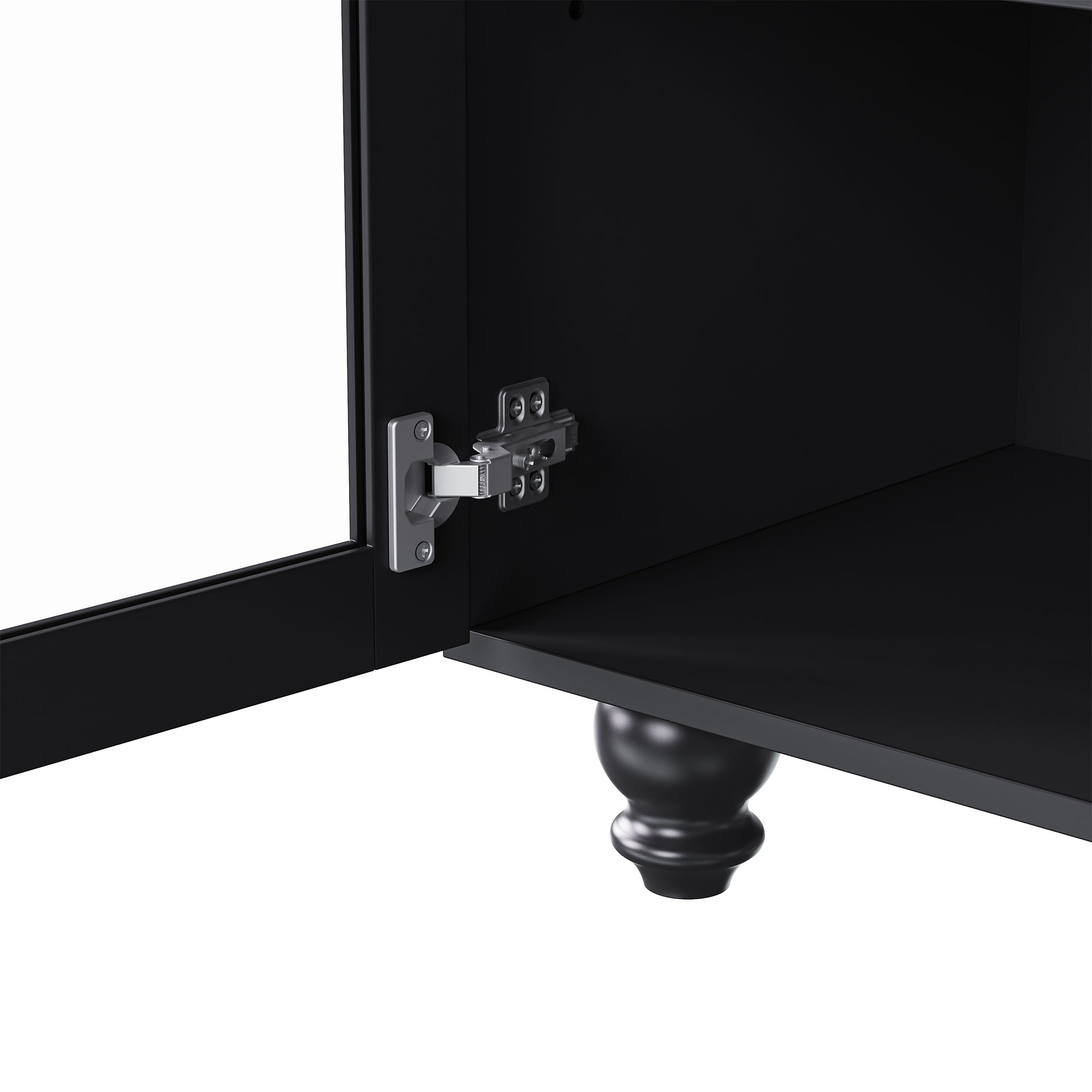 Farmhouse TV Stand with Solid Wood Gourd-Shaped Legs for TVs Up to 70', Entertainment Center with Bookshelves & Tempered Glass Doors, Media Console with Adjustable Shelves, Living Room, Black