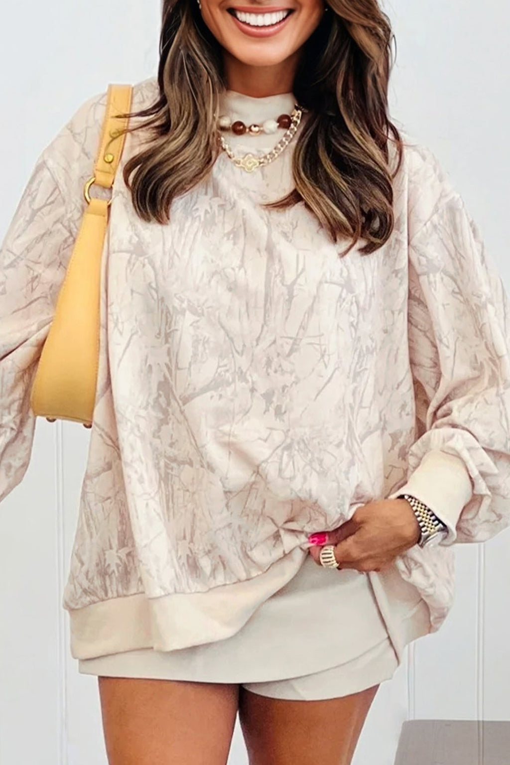 Khaki Camo Mock Neck Baggy Sweatshirt- Women Khaki 100%Polyester