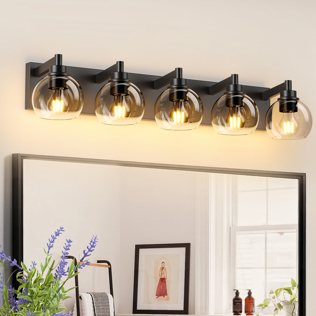 Bathroom Light Fixtures Over Mirror 5-Lights Bathroom Vanity Light with Clear Globe Glass Shade Modern Black Vanity Light Wall Sconce Vanity Lighting for Bath(Bulbs Not Included) Default