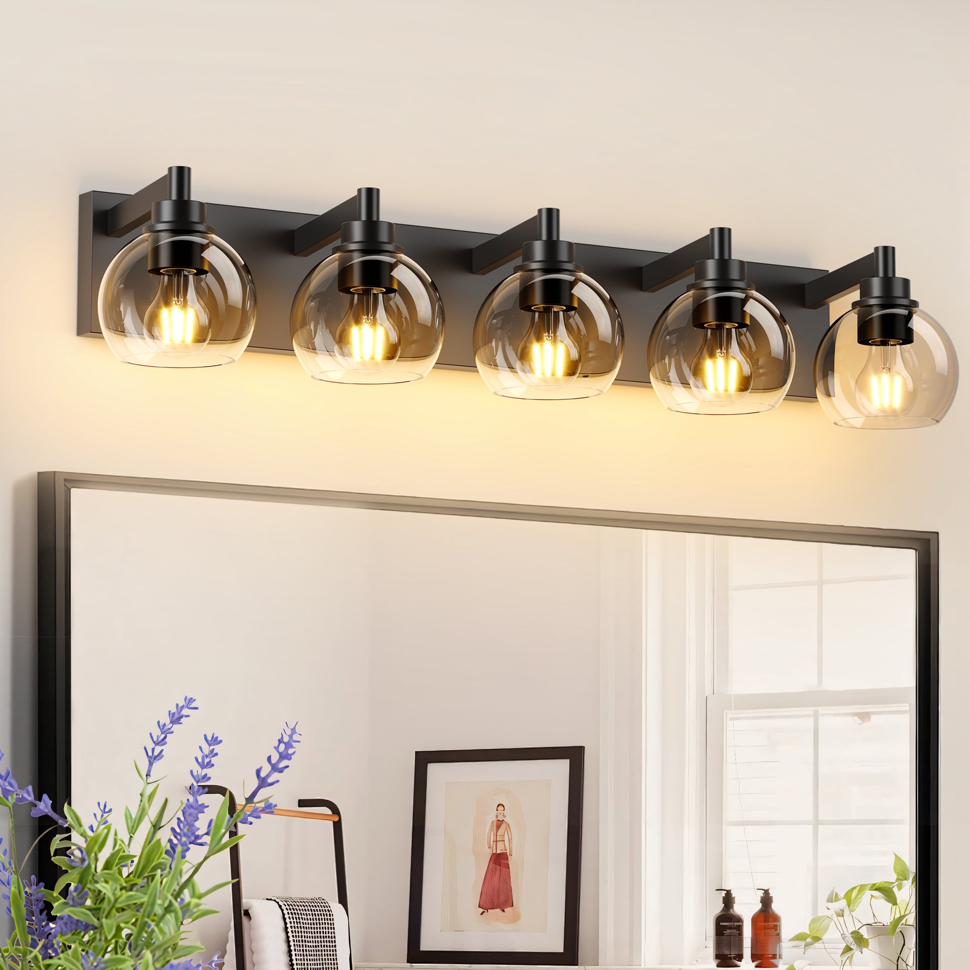 Bathroom Light Fixtures Over Mirror 5-Lights Bathroom Vanity Light with Clear Globe Glass Shade Modern Black Vanity Light Wall Sconce Vanity Lighting for Bath(Bulbs Not Included) Default