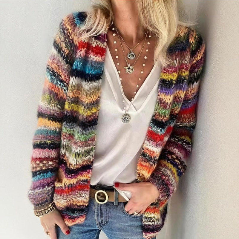 Women's Colorful Long Sleeve Cardigan Soft Boho Chic Knit Open Front Sweater For Spring And Fall Vacation Red