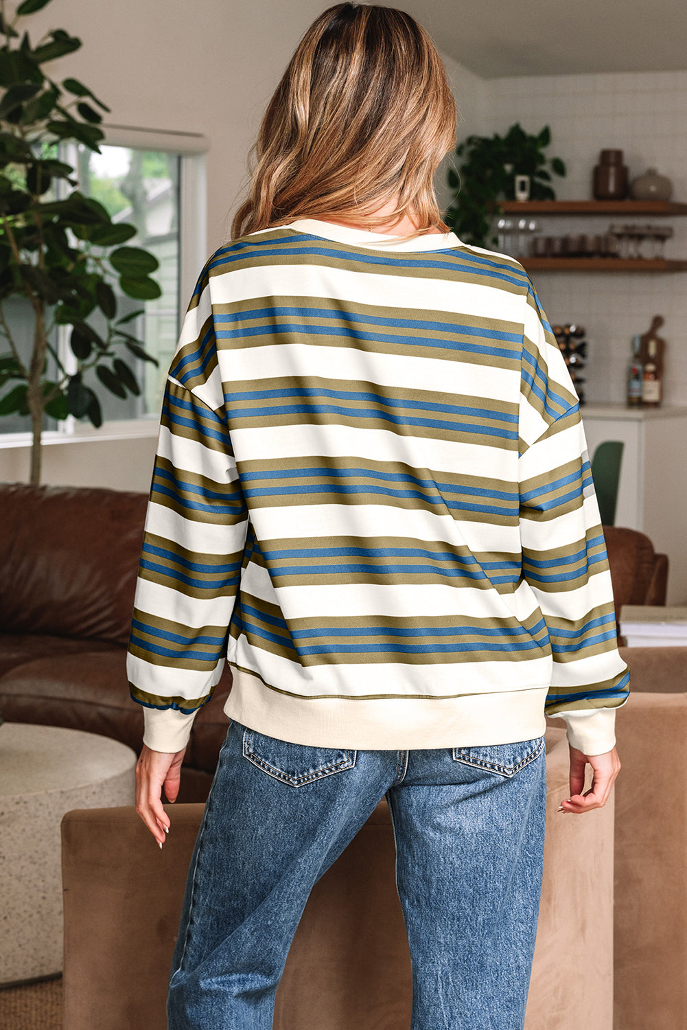 Khaki Stripe Crew Neck Drop Shoulder Pullover Sweatshirt- Women
