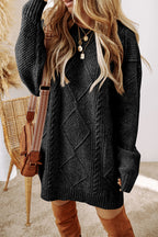 Black Cable Knit Drop Shoulder Loose Fit Sweater Dress- Women Black 100%Polyester