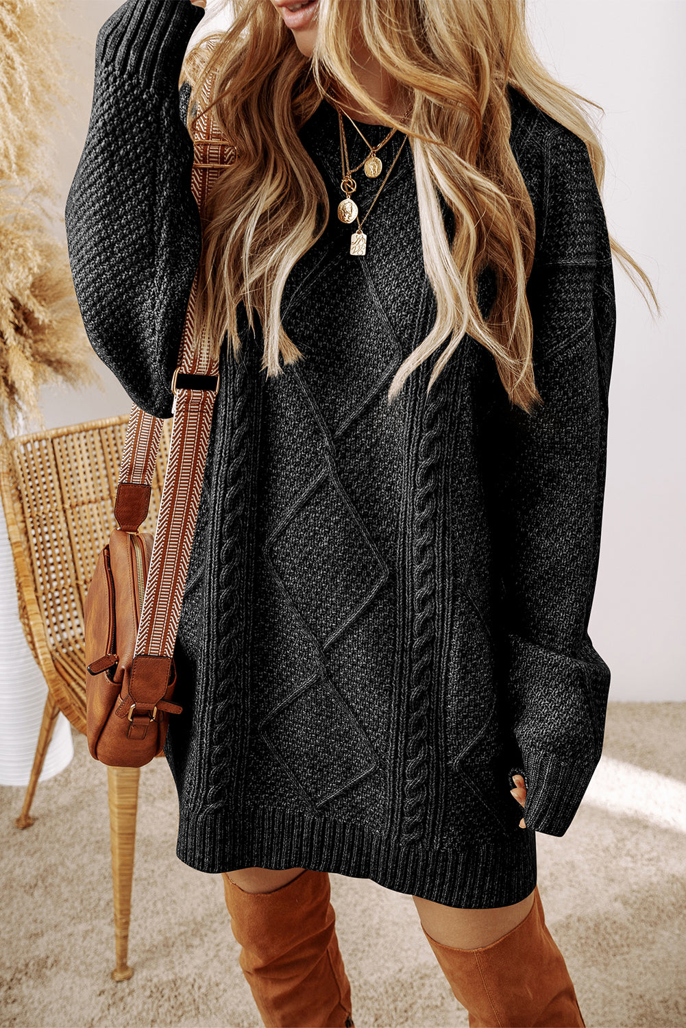 Black Cable Knit Drop Shoulder Loose Fit Sweater Dress- Women Black 100%Polyester