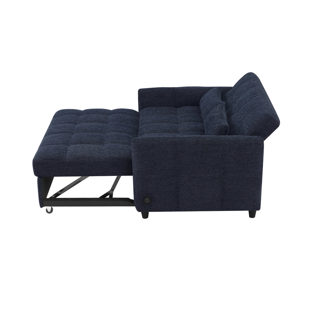 Modern Loveseat Sofa Pull-out Bed with Adjustable Backrest, USB Ports, Lumbar Pillows, Blue Chenille, 52.8'