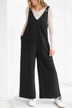 Black Solid Color Raw Seam Big Flower Patched Loose Overall Jumpsuit- Women Black 80%Polyester+15%Cotton+5%Elastane