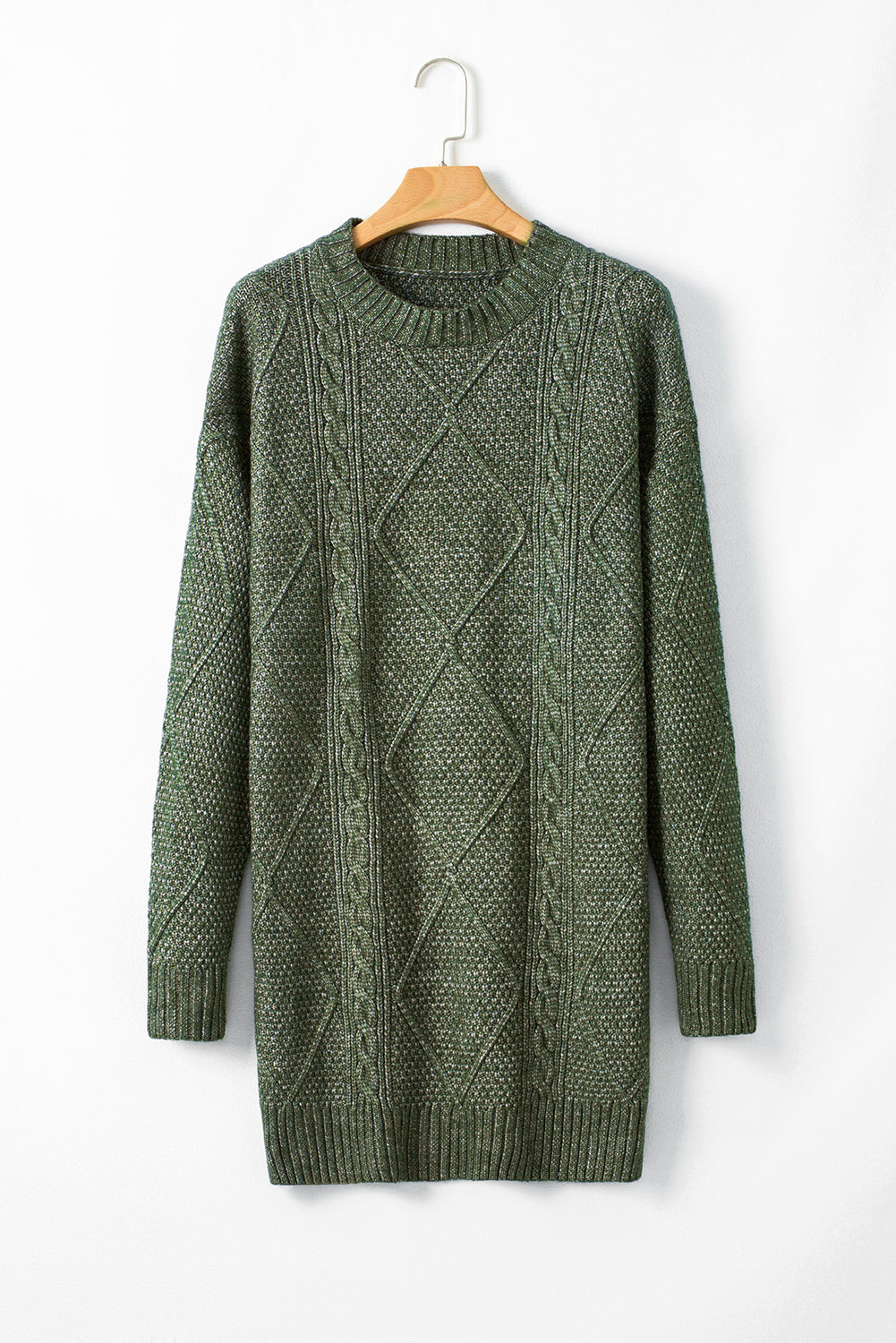 Mist Green Cable Knit Drop Shoulder Loose Fit Sweater Dress- Women