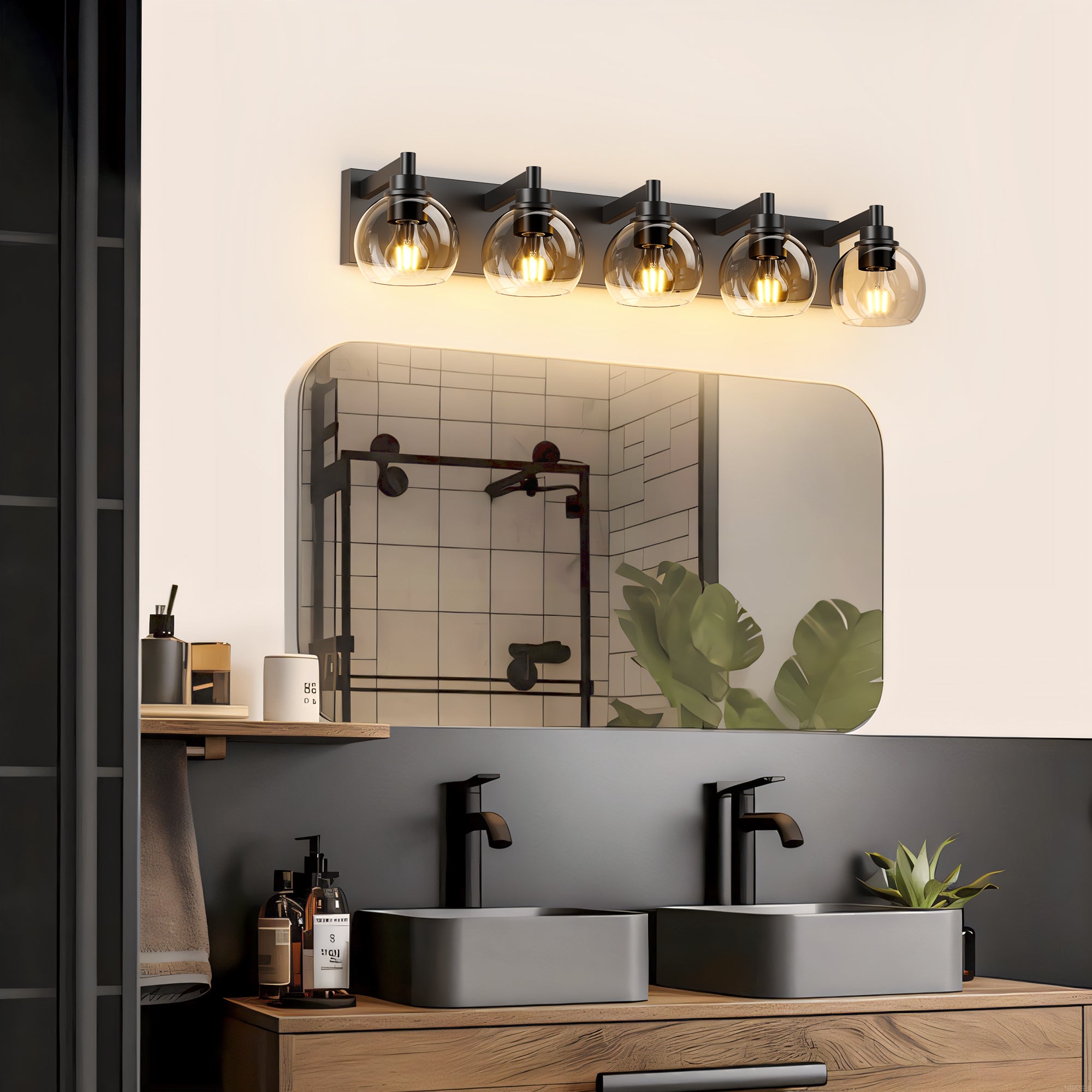 Bathroom Light Fixtures Over Mirror 5-Lights Bathroom Vanity Light with Clear Globe Glass Shade Modern Black Vanity Light Wall Sconce Vanity Lighting for Bath(Bulbs Not Included)