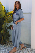 Beau Blue Half Placket Chest Pockets Short Sleeve Wide Leg Jumpsuit- Women