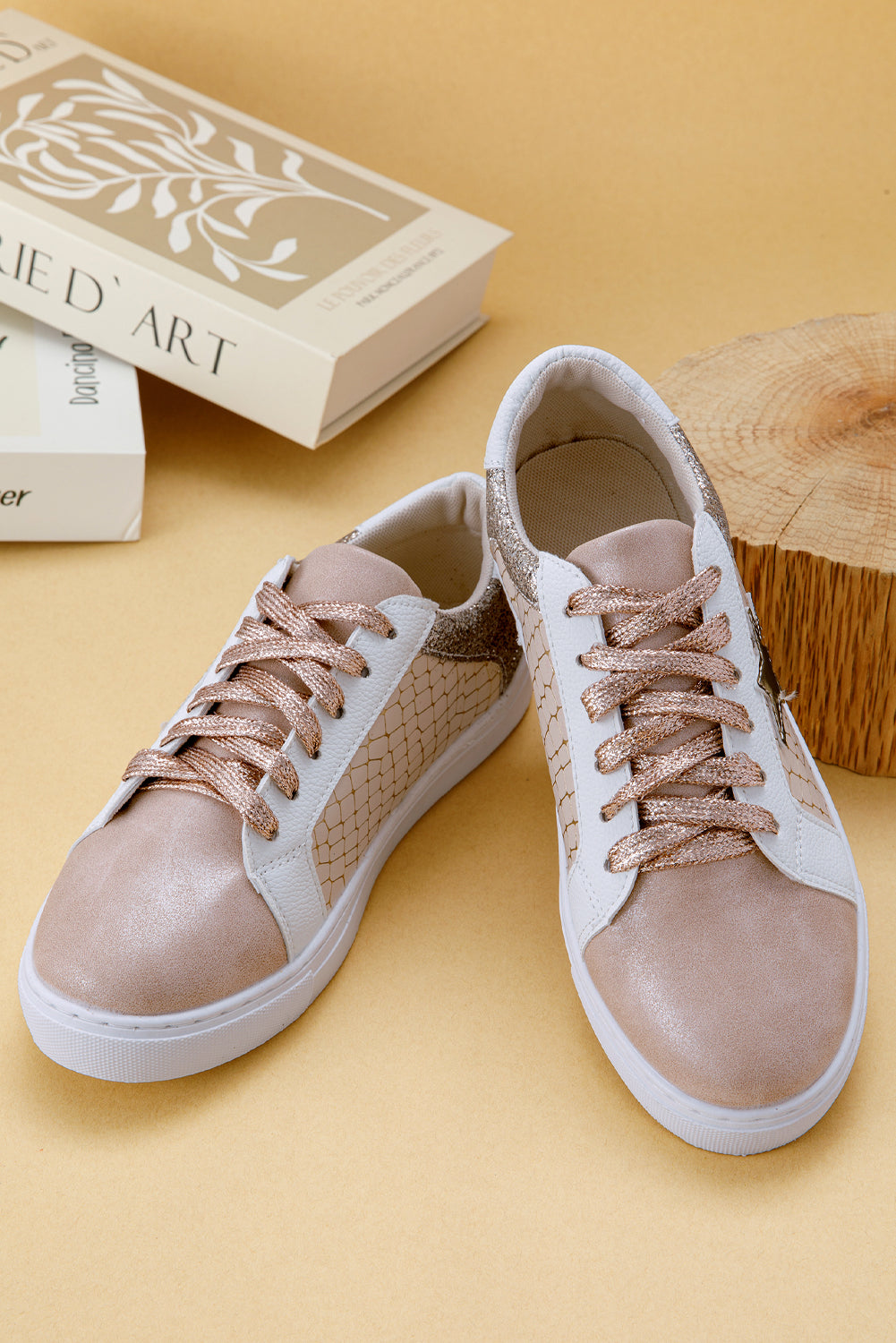 Dearlove Gold Glitter Star Patchwork PU Leather Lace-up Sneakers- Women
