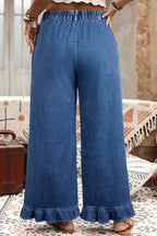 Sail Blue Plus Size Elastic Waist Ruffled Wide Leg Denim Pants- Women