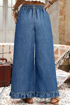 Sail Blue Plus Size Elastic Waist Ruffled Wide Leg Denim Pants- Women
