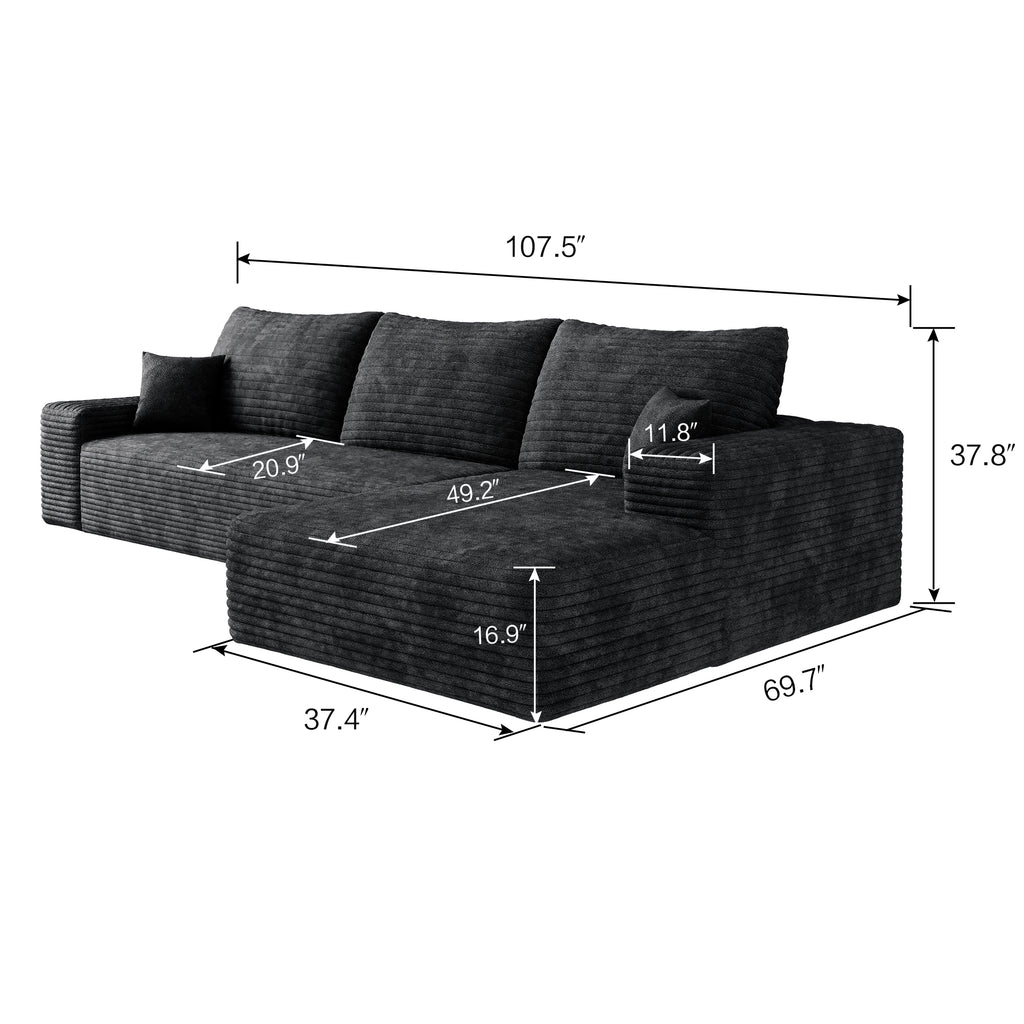 107' Cloud Sectional Couch with L-Shape Chaise,Modern Modular Sofa with Deep Seat, Upholstered Couches for Living Room Bedroom,No Assembly Required, BLACK(Plush Corduroy Fabric)