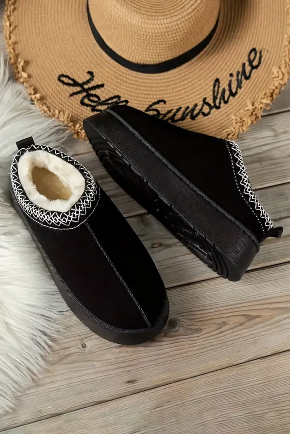 Black Contrast Print Suede Plush Lined Snow Boots- Women