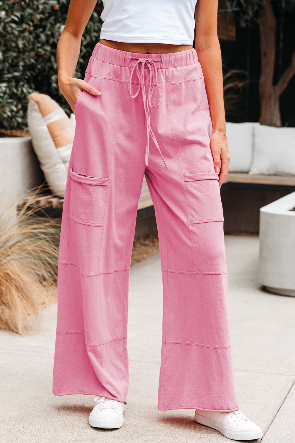 Bonbon Mineral Wash Exposed Seam Drawstring Elastic Waistband Wide Leg Cargo Pants- Women Bonbon 100%Cotton