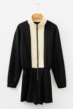 Black Two-tone Long Sleeve Zipped Front Casual Romper- Women