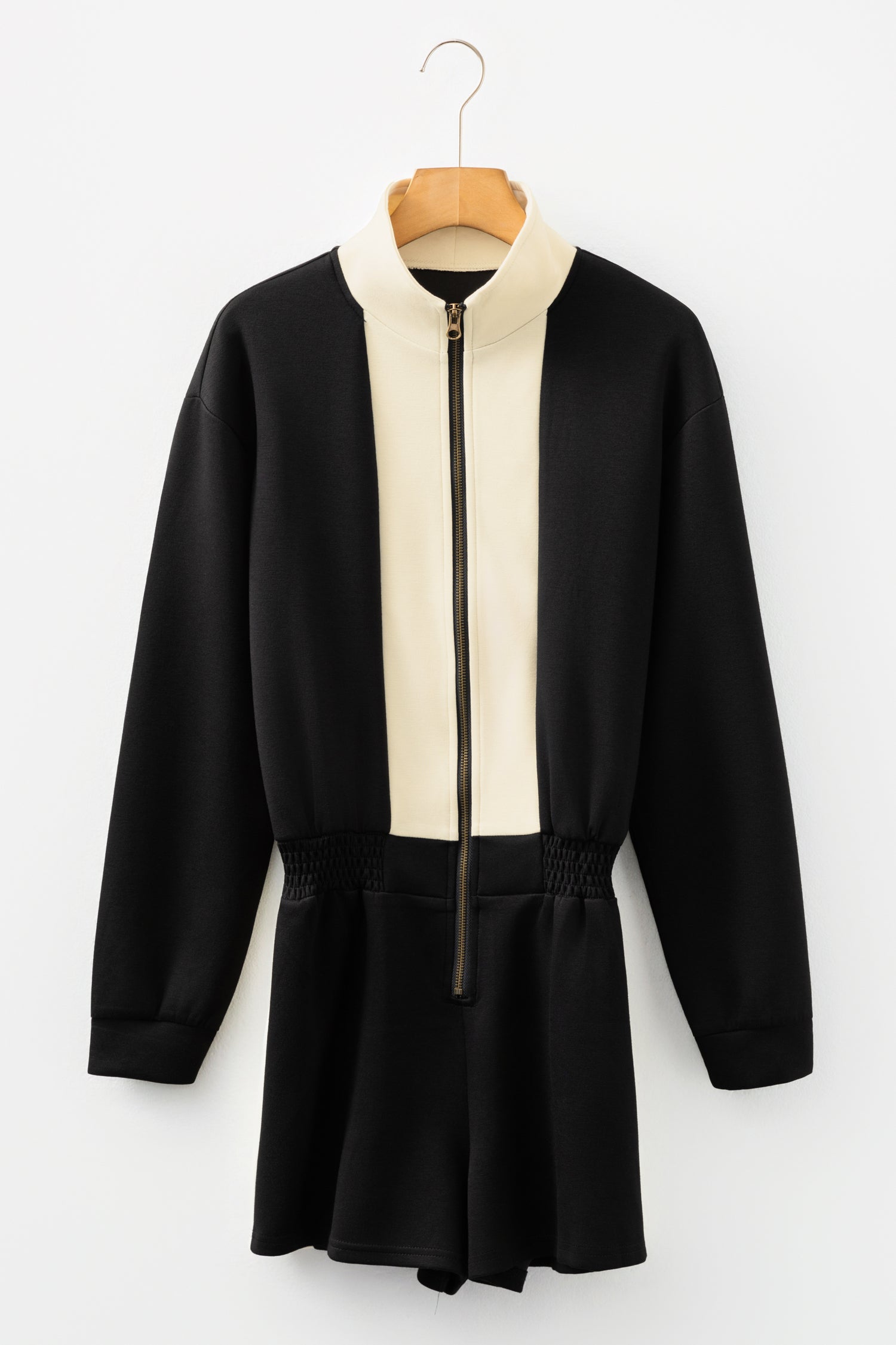 Black Two-tone Long Sleeve Zipped Front Casual Romper- Women