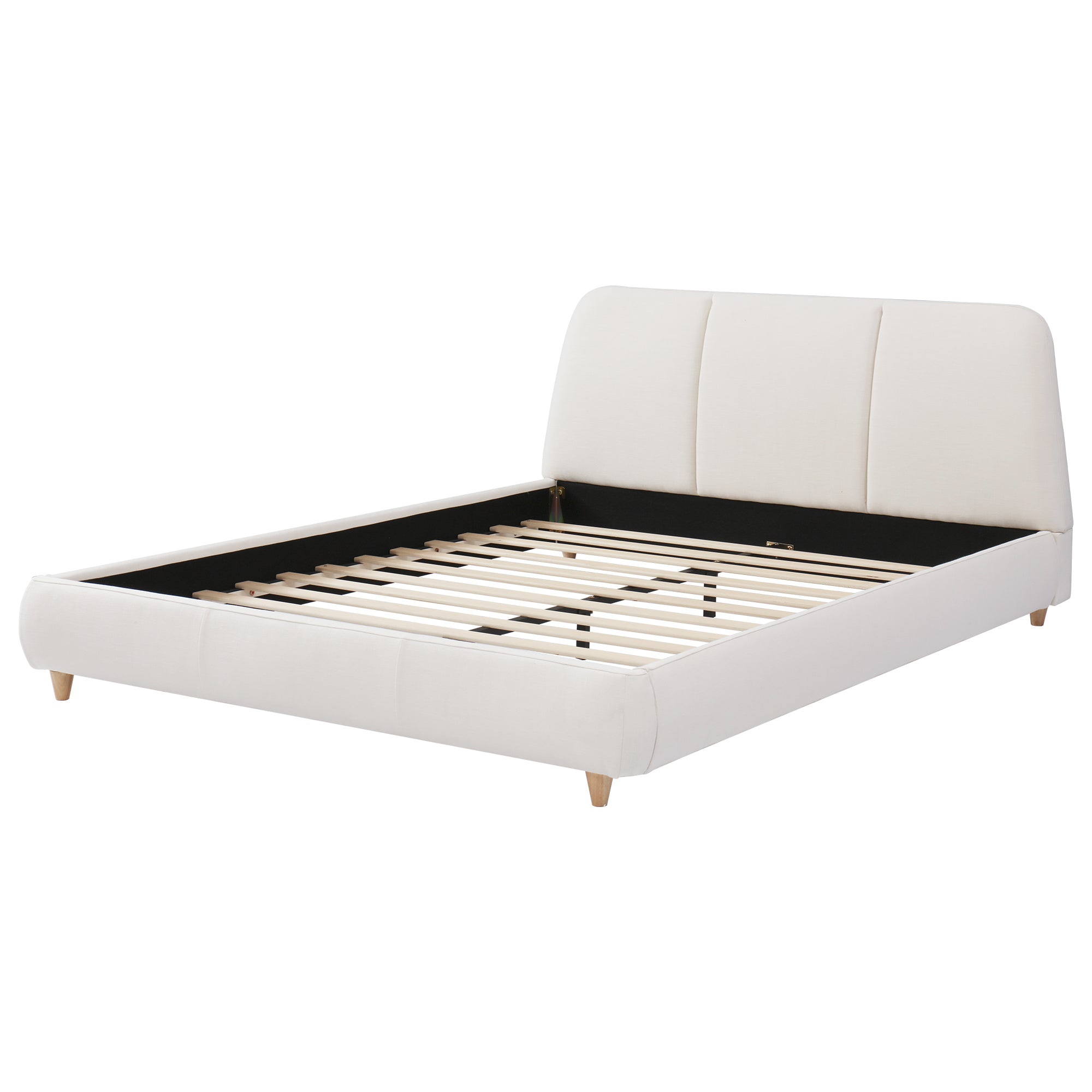 Queen Size Modern Upholstered Bed Frame with Linen Fabric and Solid Wood Legs, White