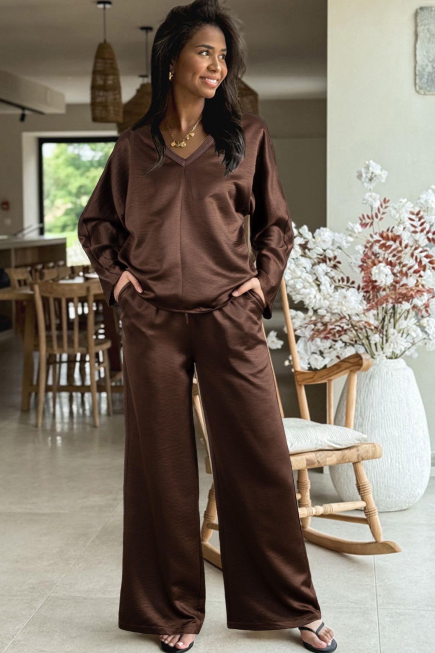 Dark Brown Braided V Neck Long Sleeve Loose Top and Drawstring High Waist Pants 2pcs Outfit- Women