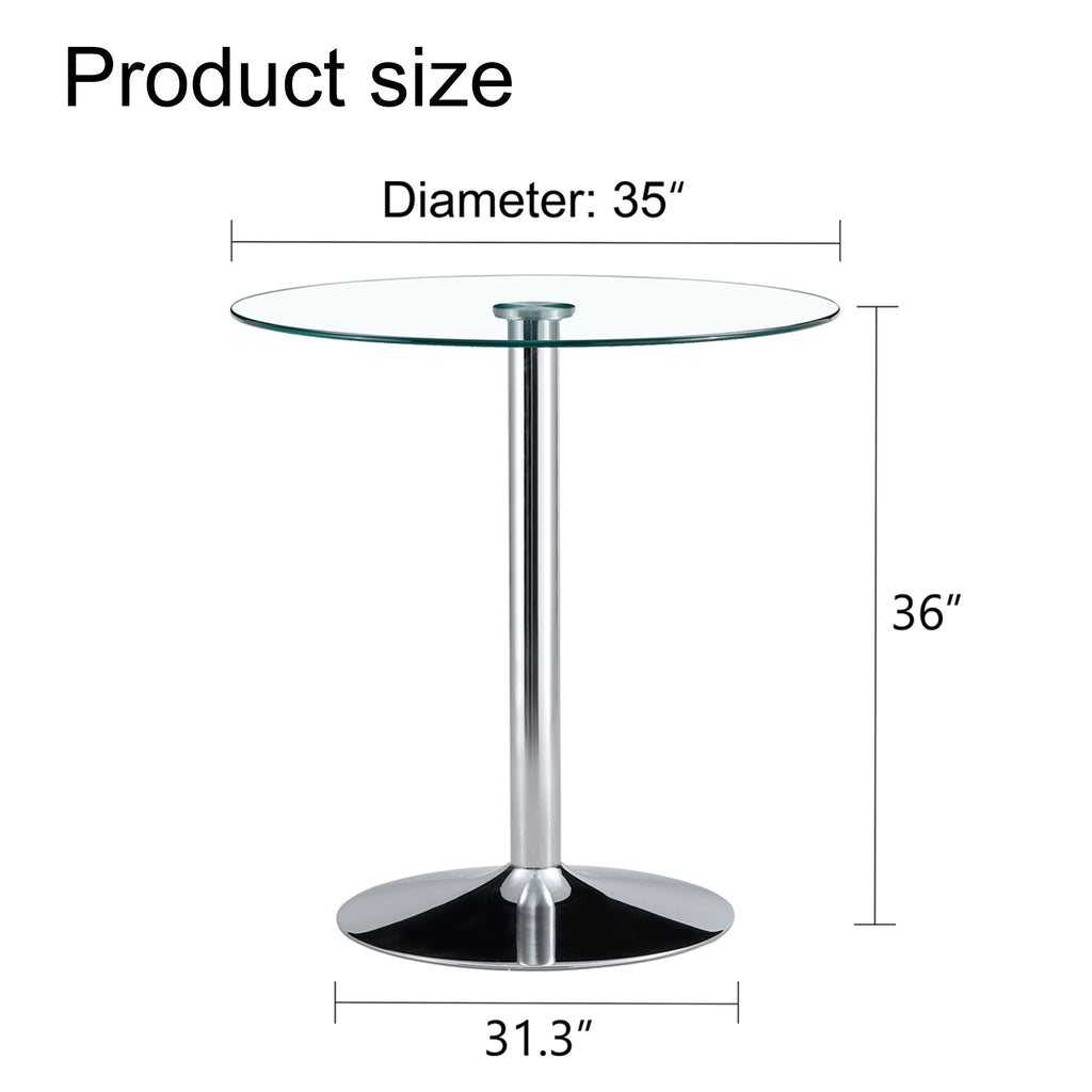 Modern Minimalist Circular Glass Dining Table with Electroplated Silver Metal Legs, 35-Inch Diameter
