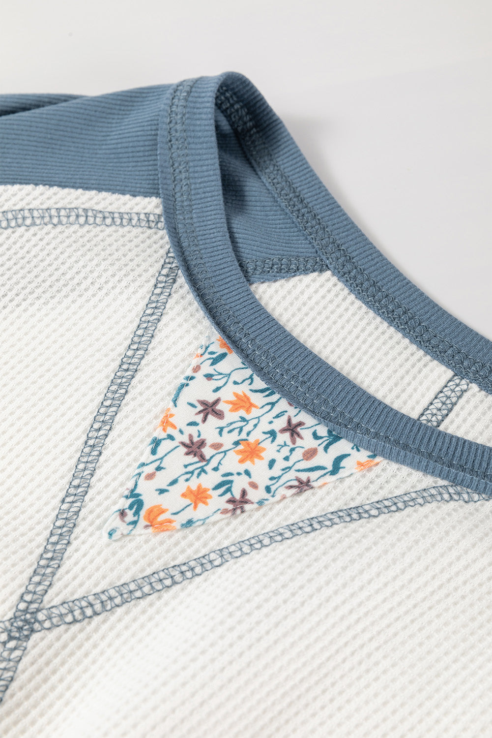 White Floral Patchwork Waffle Knit Raglan Top- Women