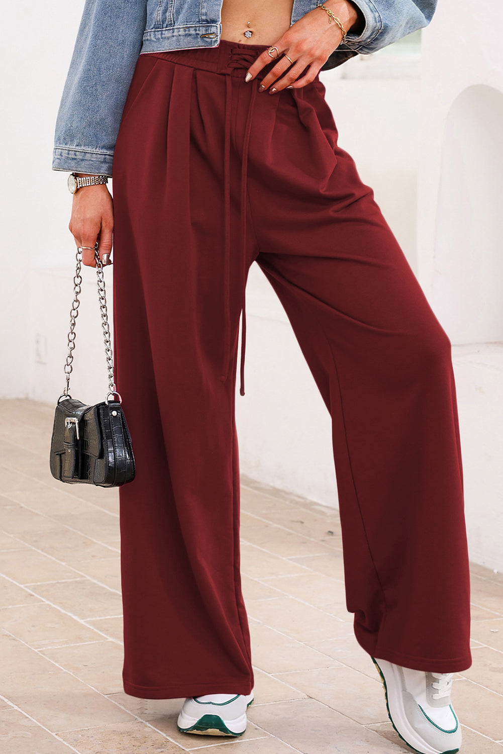 Burgundy Tied Elastic High Waist Pleated Detail Solid Sweatpants- Women Burgundy 75%Polyester+25%Cotton
