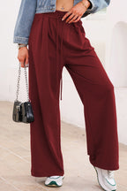 Burgundy Tied Elastic High Waist Pleated Detail Solid Sweatpants- Women Burgundy 75%Polyester+25%Cotton