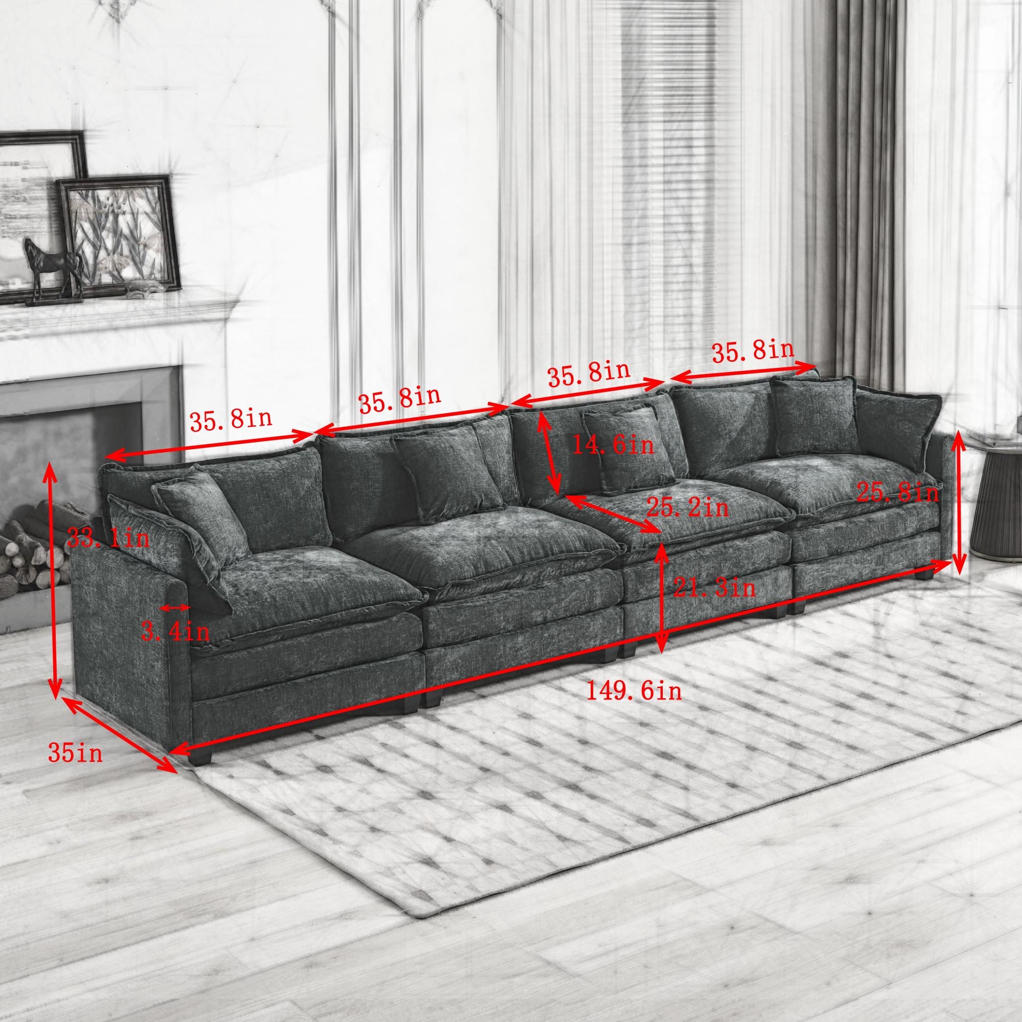 Cloud Sofa 4 Seats (Ottoman is not included), Modern Sectional Couch, for Living Room Bedroom and Apartment, Comfy Double Layer Upholstered Seat Cushion, Breathable Chenille Fabric, Beige,SW5014BG