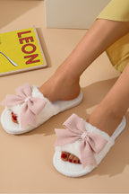 White Bow Knot Decor Open Toe Plush Slippers- Women