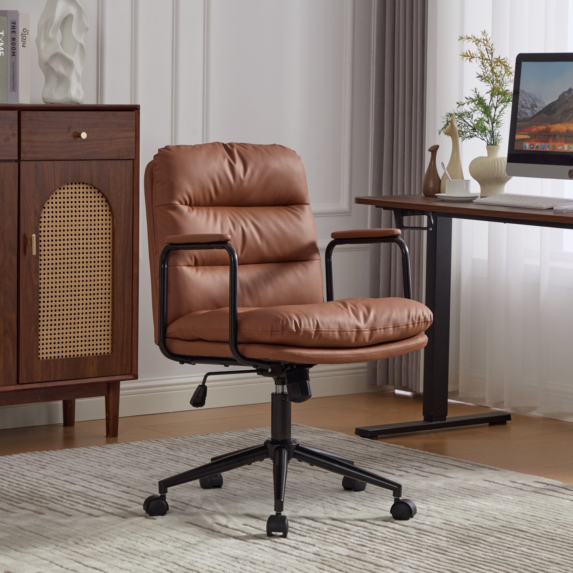 Office Chair,Mid Back Home Office Desk Task Chair with Wheels and Arms Ergonomic PU Leather Computer Rolling Swivel Chair with Padded Armrest,The back of the chair can recline 40° (Brown),SW1741BR