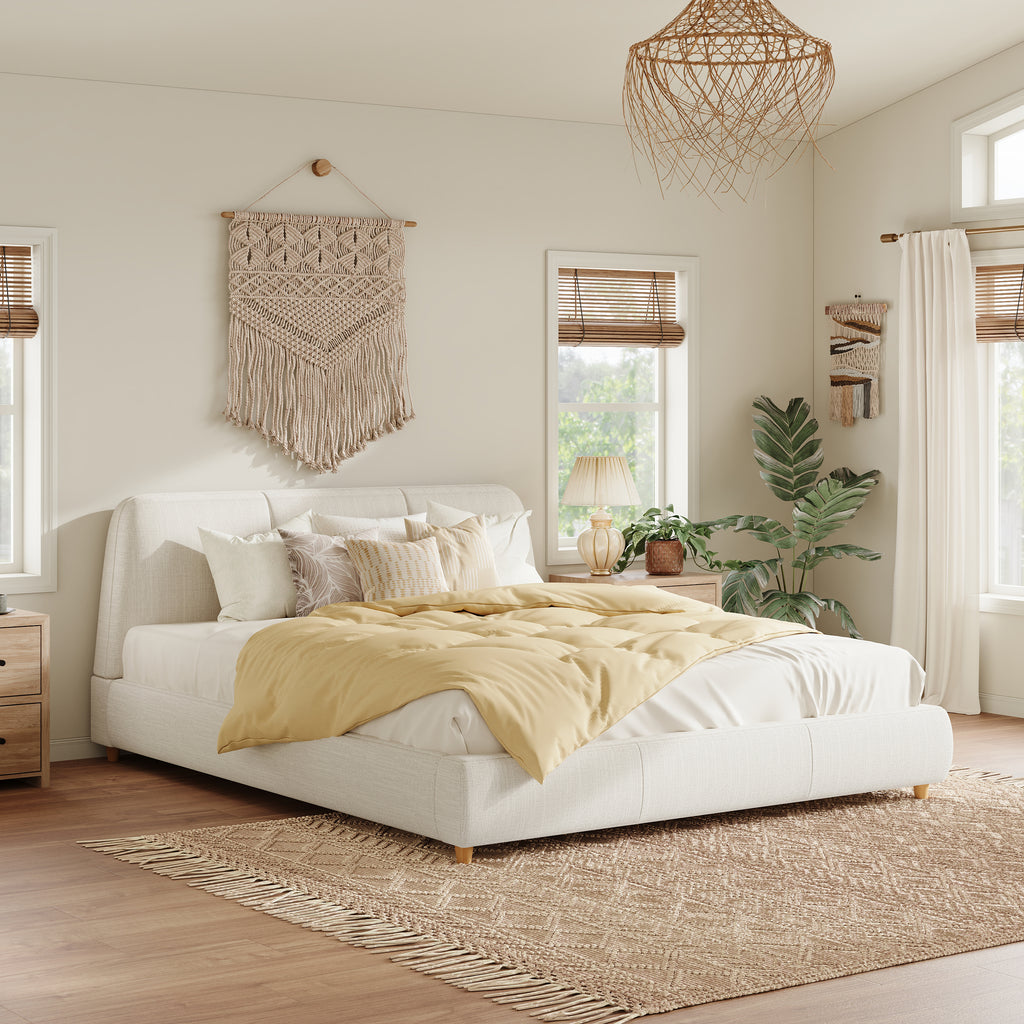 Queen Size Modern Upholstered Bed Frame with Linen Fabric and Solid Wood Legs, White