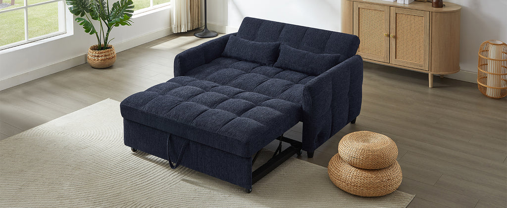 Modern Loveseat Sofa Pull-out Bed with Adjustable Backrest, USB Ports, Lumbar Pillows, Blue Chenille, 52.8'