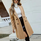 Women's Solid Color Double-Breasted Wool-Like Coat Notch Lapel Long Sleeve Mid-Length Overcoat With Pockets Khaki