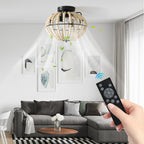 18' Bohemian Wood Beaded Ceiling Fan with Light, Flush Mount Caged Ceiling Fan, Rustic Farmhouse Low Profile Fan Light Fixture for Indoor Home Decor (Silent/6-Speed/Reversible/DC Motor) (No Bulbs)