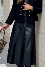 Black Faux Leather Retro Buckle Detail Pleated Stitch Flared Midi Skirt- Women