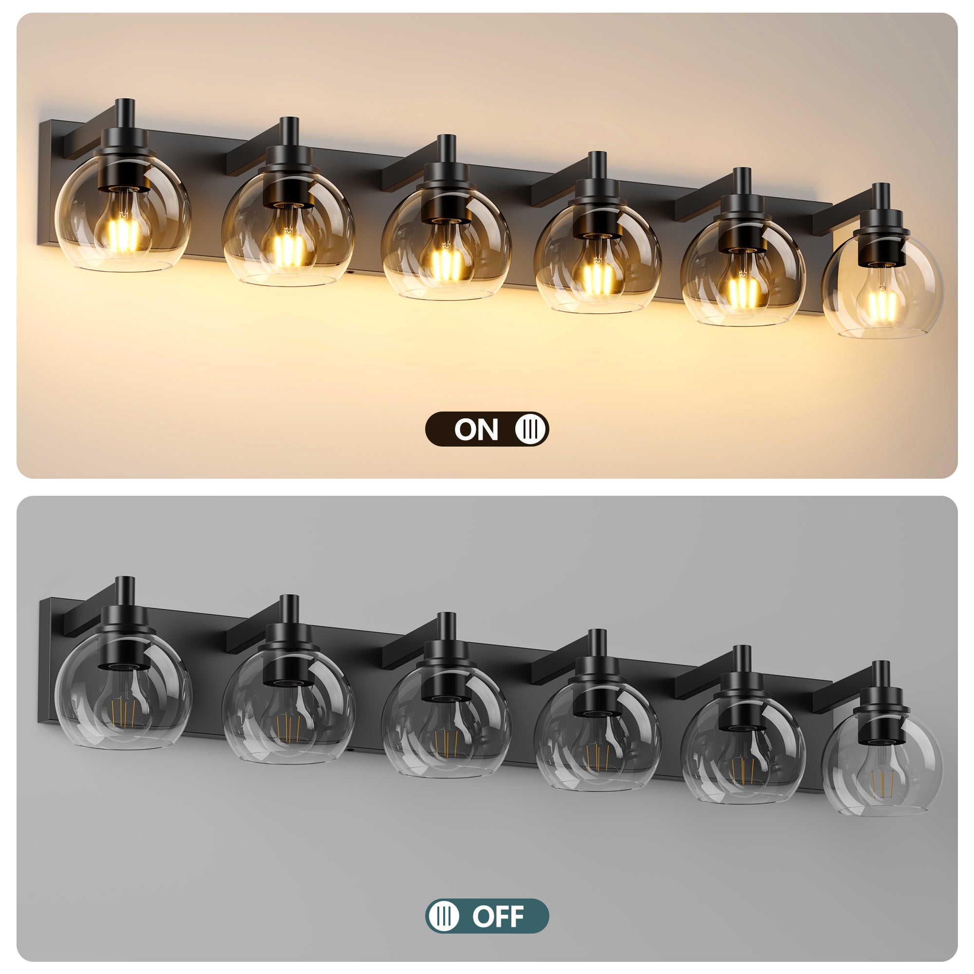 Farmhouse Bathroom Vanity Light Fixtures, 6-Light Bathroom Light Fixtures Over Mirror, Rustic Sconces Wall Lighting with Glass Shade for Living Room, Bedroom, Hallway