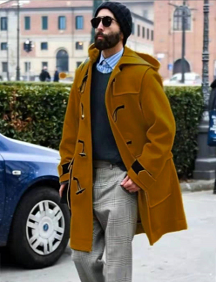 Retro Horn Button Hooded Woolen Trench Coat Men Ginger Yellow