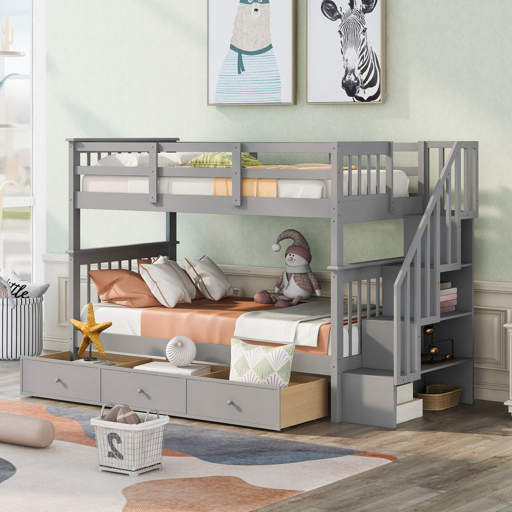 Hearth & Haven Twin over Twin Bunk Bed with Stairway and Three Drawers