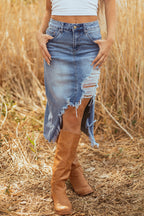 Dearlove Myosotis Irregular Distressed Bottom Denim Midi Skirt- Women Myosotis 93%Cotton+5%polyester+2%Elastane