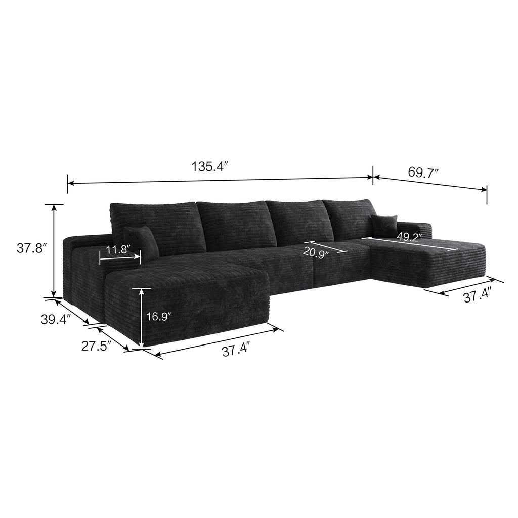 135' Cloud Sectional Sofa with 1 Ottoman,Modern Minimalist Upholstered Couches, Comfort U Shaped Sofa for Living Room,Deep Seat Corner Couch,No Assembly Required,Balck (Plush Corduroy Fabric)