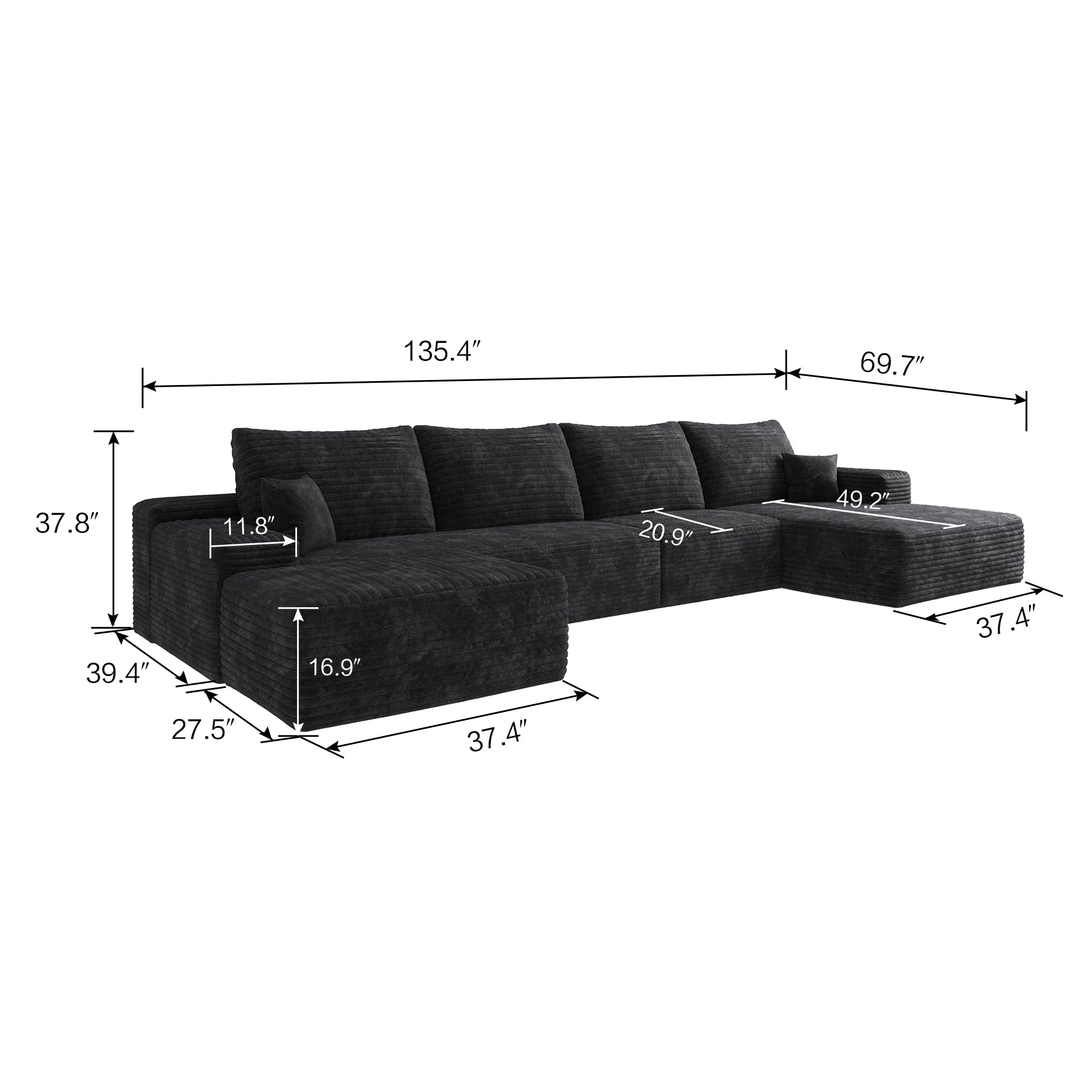 135' Cloud Sectional Sofa with 1 Ottoman,Modern Minimalist Upholstered Couches, Comfort U Shaped Sofa for Living Room,Deep Seat Corner Couch,No Assembly Required,Balck (Plush Corduroy Fabric)