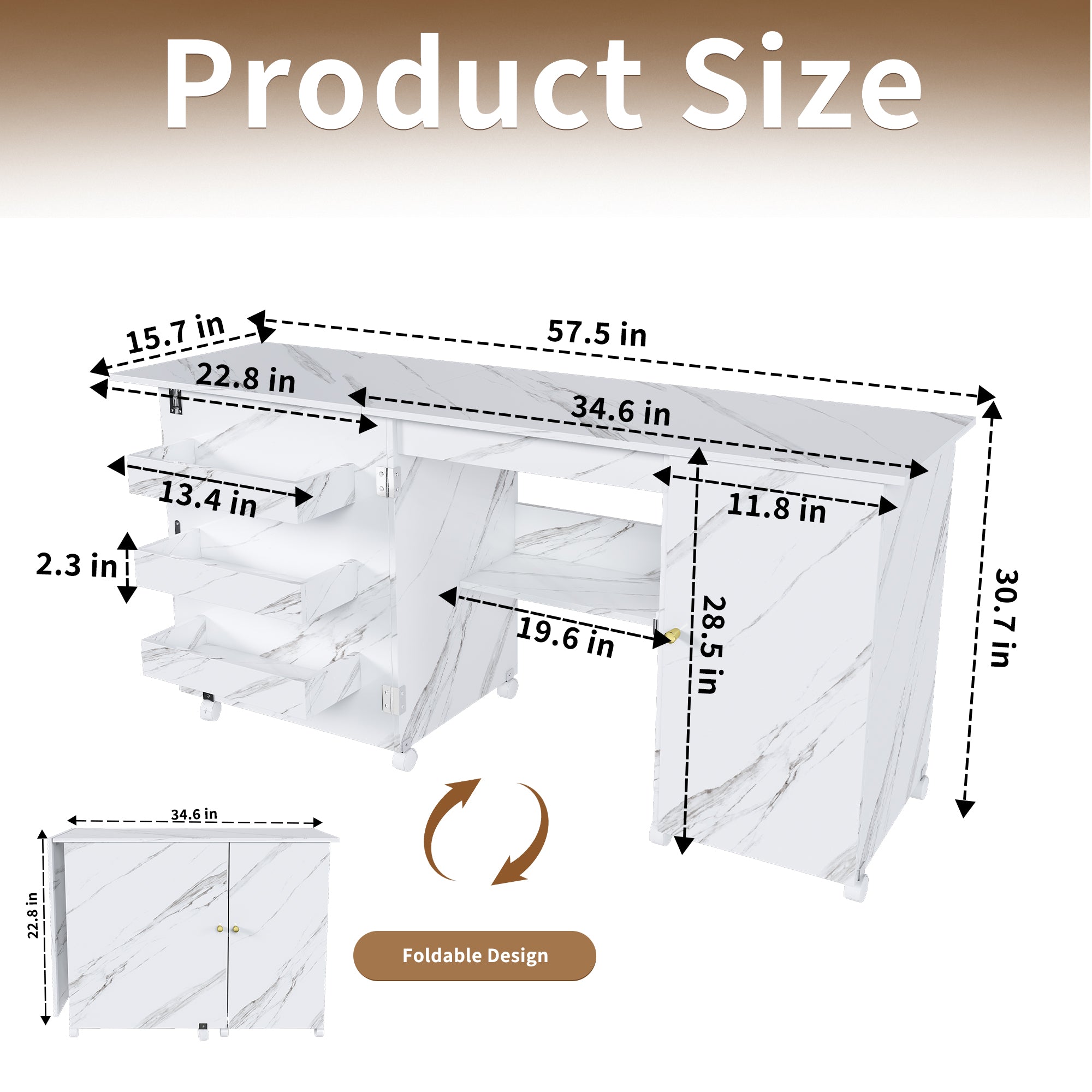 57.5' Foldable Sewing Machine Table with Locking Casters, Multi-Storage Craft Station with Shelves, Bins & Cabinet, Adjustable Sewing Cabinet for Home, Bedroom, and Craft Room(White)
