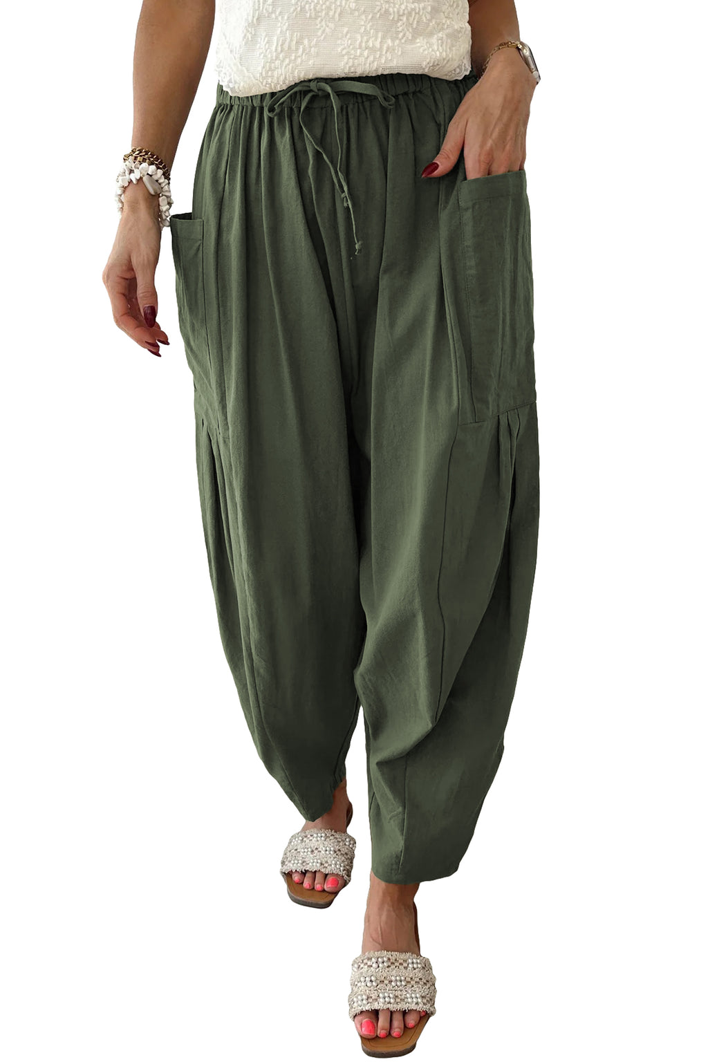 Jungle Green Drawstring Elastic Waist Patch Pocket Barrel Leg Casual Pants- Women