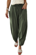 Jungle Green Drawstring Elastic Waist Patch Pocket Barrel Leg Casual Pants- Women