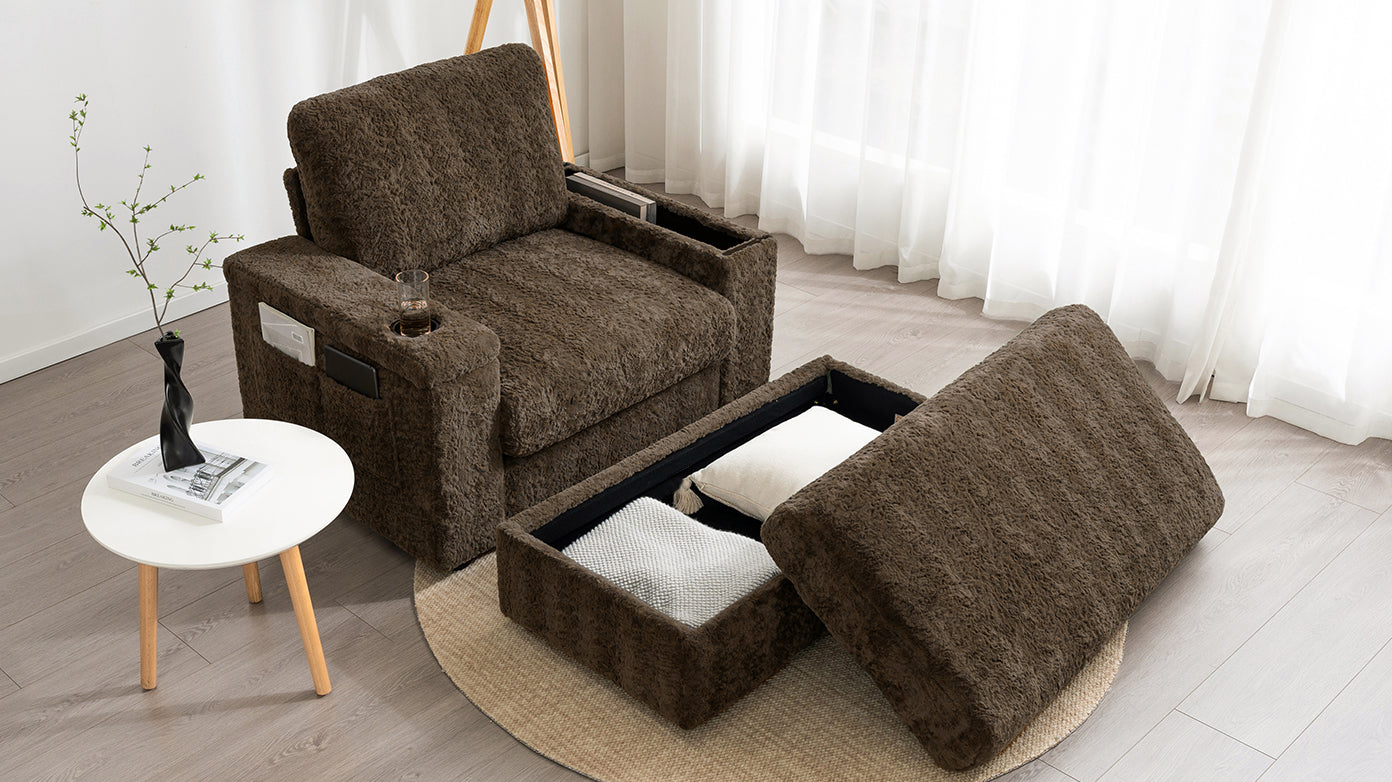 Oversized Chaise Lounge Indoor Faux Rabbit Fur Sofa Bed with Storage Ottoman and Armrests, Cup Holders, 42' Upholstered Sleeper Chair, 4 Colors