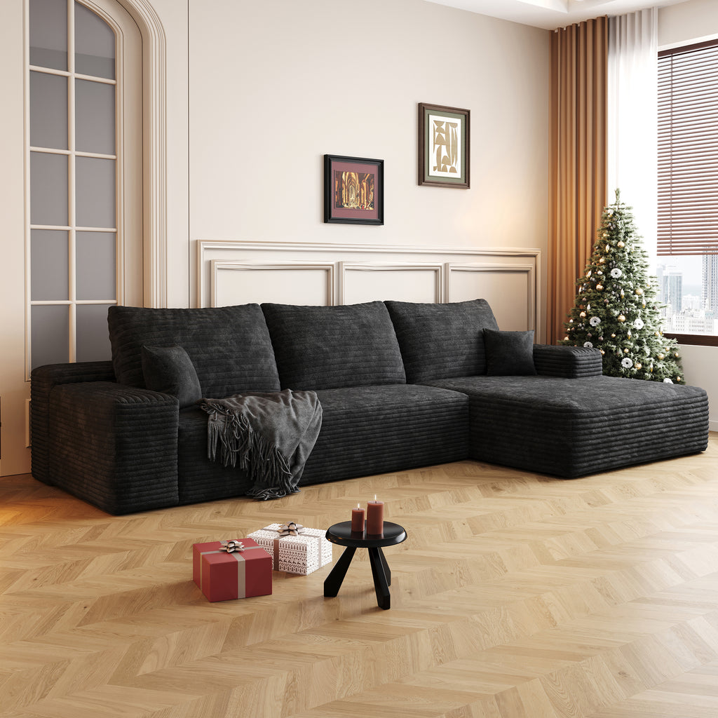 107' Cloud Sectional Couch with L-Shape Chaise,Modern Modular Sofa with Deep Seat, Upholstered Couches for Living Room Bedroom,No Assembly Required, BLACK(Plush Corduroy Fabric)