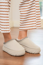 White Contrast Stitch Detail Faux Suede PU Patchwork Plush Winter Clog Slippers- Women